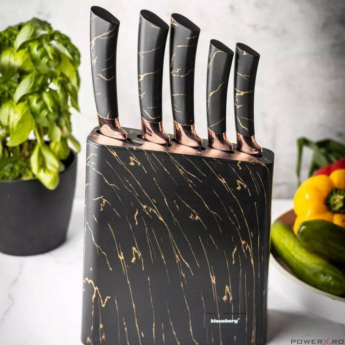 Set cutite din oțel inoxidabil, 6 piese, suport negru cu model maro,