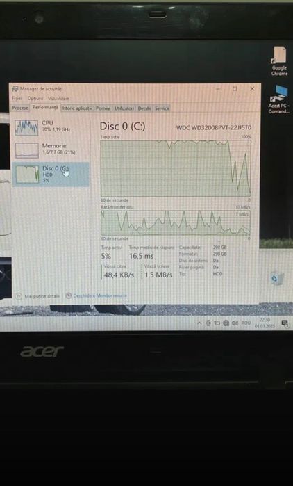 Laptop Acer Aspire One 725 C7 11,6” 8gb RAM 320 hdd w10