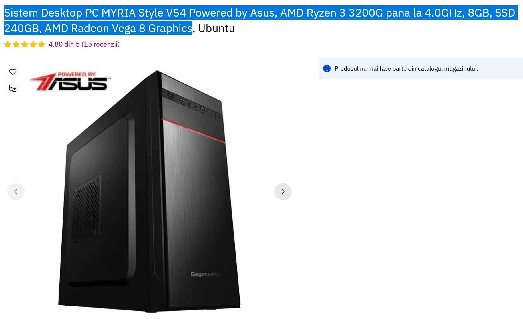 Calculator + Monitor AMD Ryzen 3 3200G pana la 4.0GHz, 8GB, SSD 240G