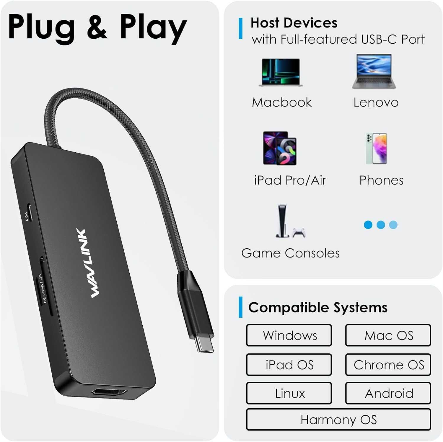 WAVLINK 7-в-1 USB C докинг станция с 4K HDMI, 100W PD, 3x5Gbps USB 3.1