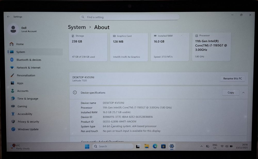 Dell Latitude 7320 13.3" FHD | I7 1185G7 | 16 GB RAM | 256 SSD
