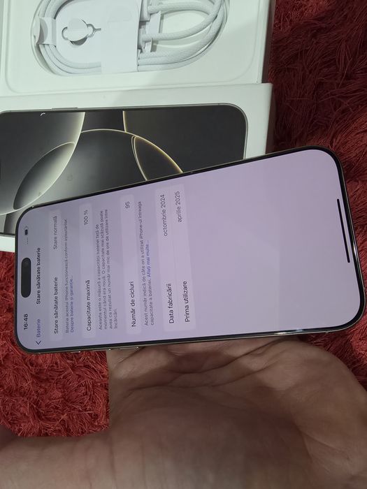 -Iphone 16Pro Max, ca Nou, 256Gb, 8Ram, Natural Titanium, bat: 100%-95