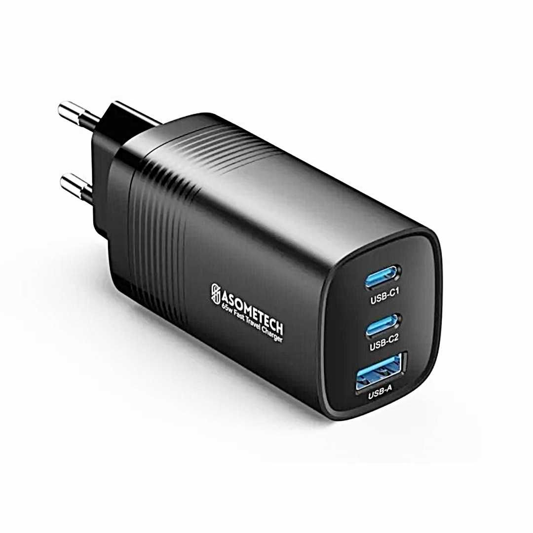 Бързо зарядно за телефон GaN, 65W, 1x USB-А, 2x USB-C