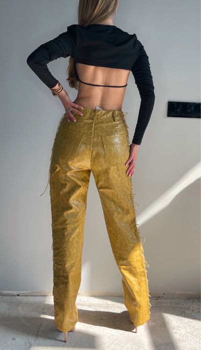 Кожен coachella панталон с връзки каубойски горчица уникален