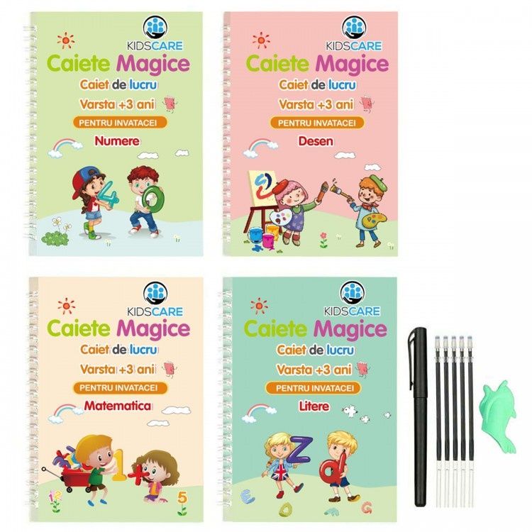 Set 4 caiete in limba romana si stilou magic pentru scris si desenat