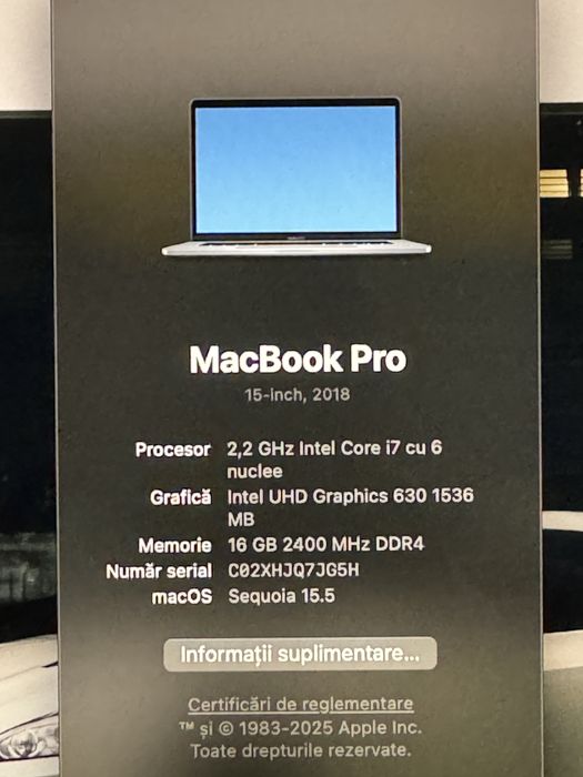 Macbook Pro 15" 2018 A1990 - i7 , 16GB Ram , 256Gb