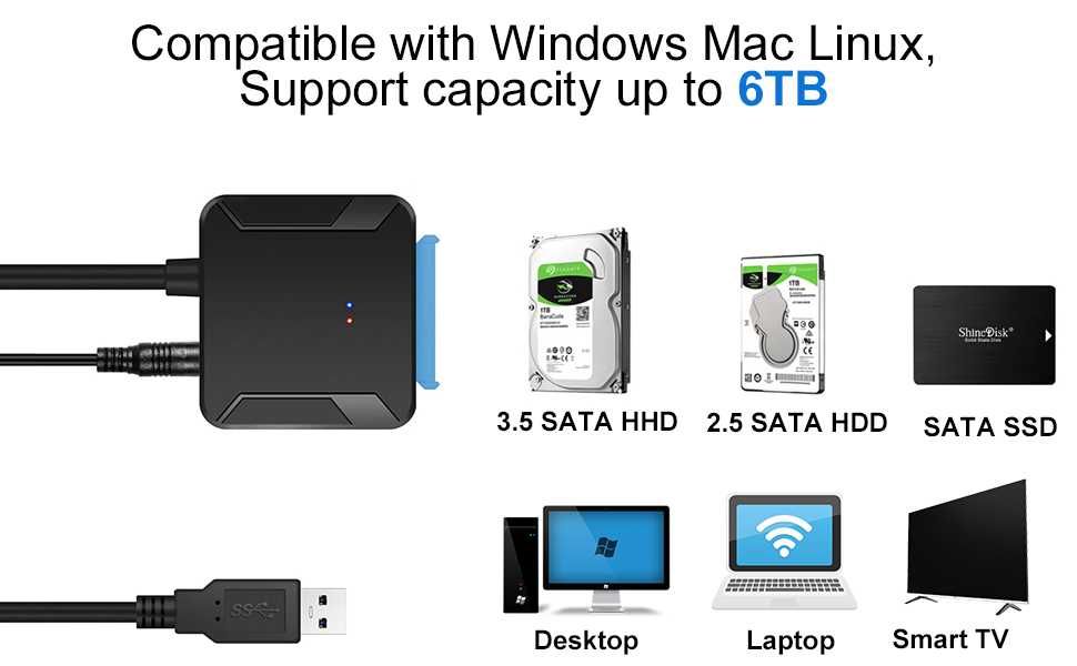 USB 3.0 към SATA кабел за 2.5” и 3.5” HDD и SSD + захранване