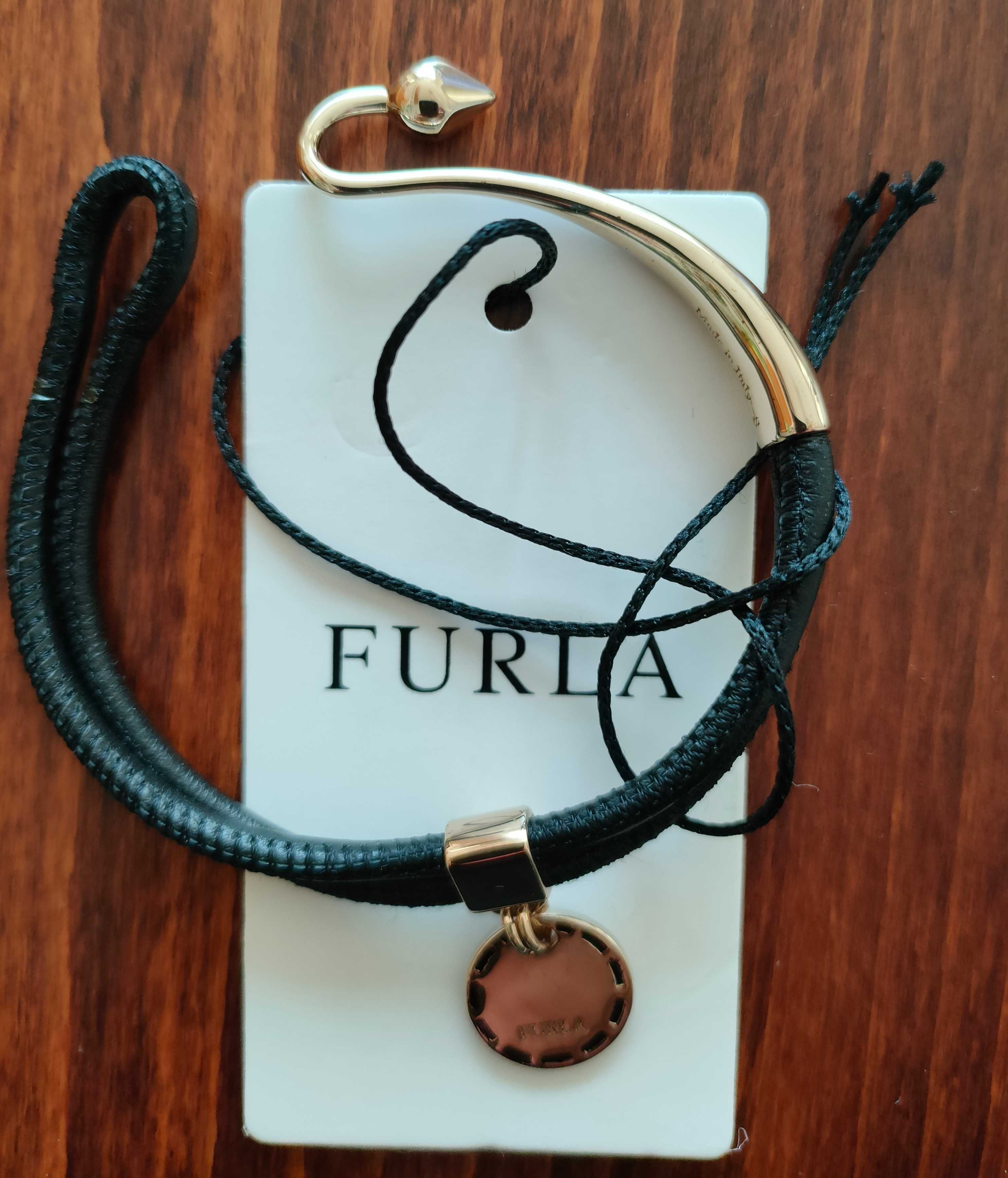 Дамска гривна FURLA, нова, черна кожа и позлатен метал, с кукичка, S.