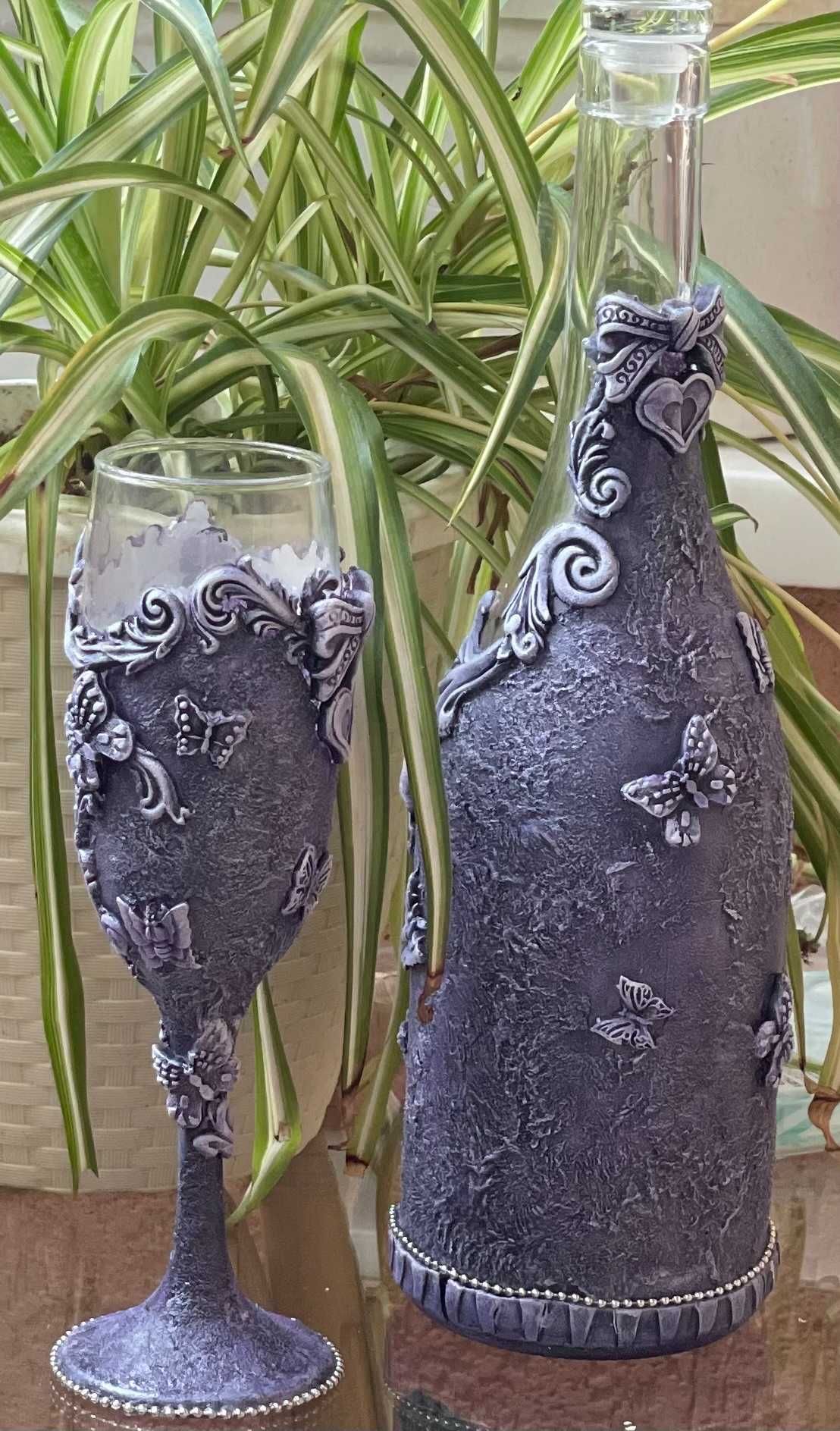 Луксозен комплект чаша и бутилка за вино - ръчна изработка
