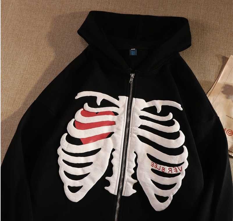 Hanorac Y2K Skeleton Zip Up Hoodie Black