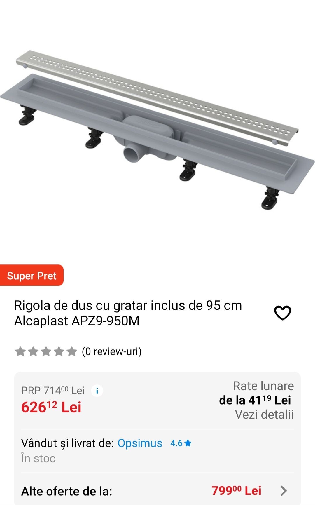 Canal de scurgere/Rigolă de duș cu grătar-Alca Plast 95 cm , Sigilat