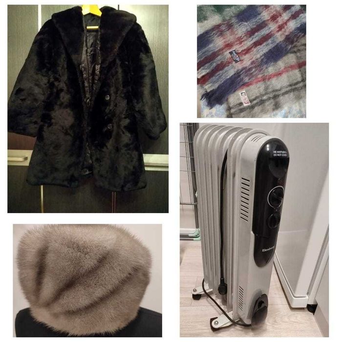 Шуба женская, нат-ая цигейка, Шапка нат-ая норка, шарфы, обогреватель