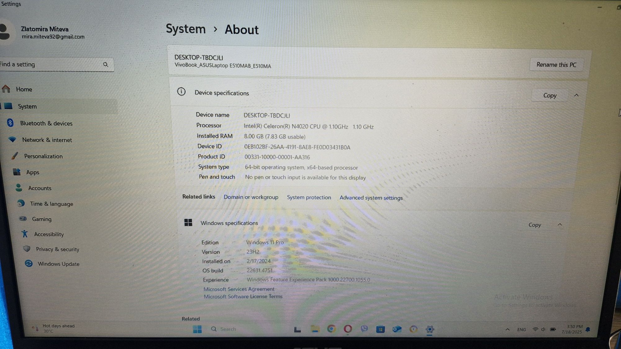 Лаптоп Asus, ram 8gb, processor Intel Celeron n4020 1.10ghz, 16"