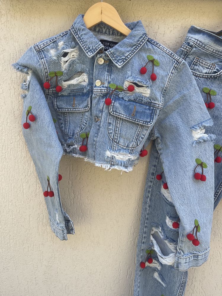 Set Denim - Jachetă scurtă + Blugi cu cireșe 3D