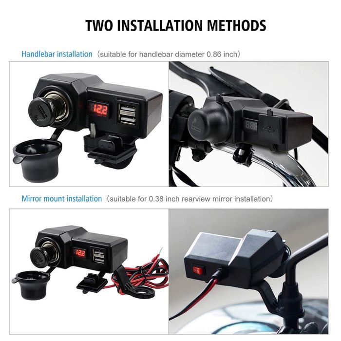 Încărcător adaptor USB dublu ZocoMoto, pentru motociclete, Negru