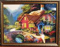 Картина стразами "Мост у дома" (вышивка, дом, природа)