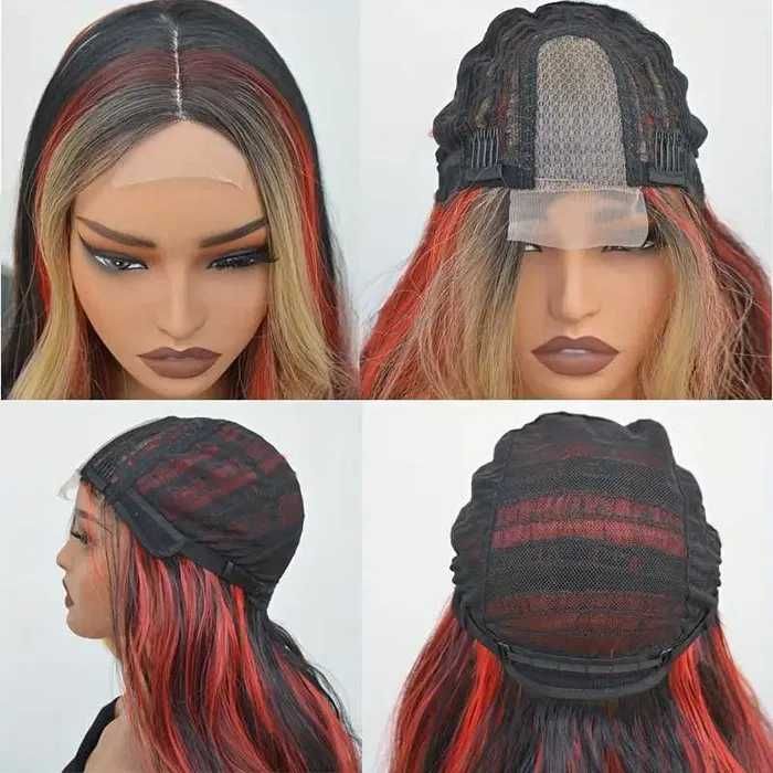 Вълнообразна перука с кичури микс от цветове русо червено черно на път