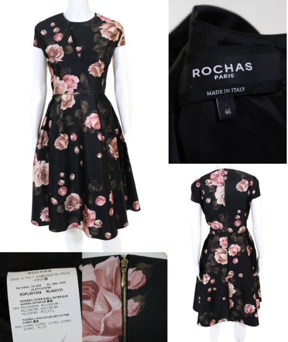 ROCHAS Paris-Rochie neagră din satin cu trandafiri roz, mărimea 46 IT