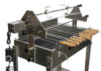 Grătar carbune BBQ FULL INOX 3 rotiserie in triunghi si 11 frigarui