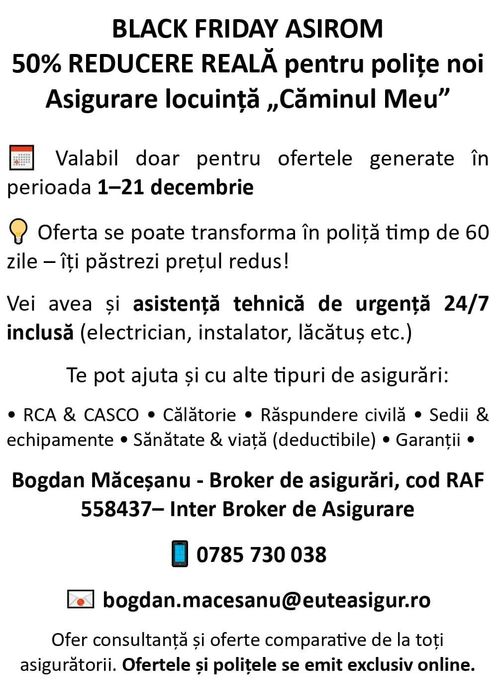 OFERTĂ 50% REDUCERE REALĂ la asigurarea locuinței -Broker de asigurări