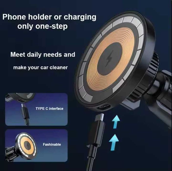 Suport telefon auto magnetic wireless 360° cu placă metalică
