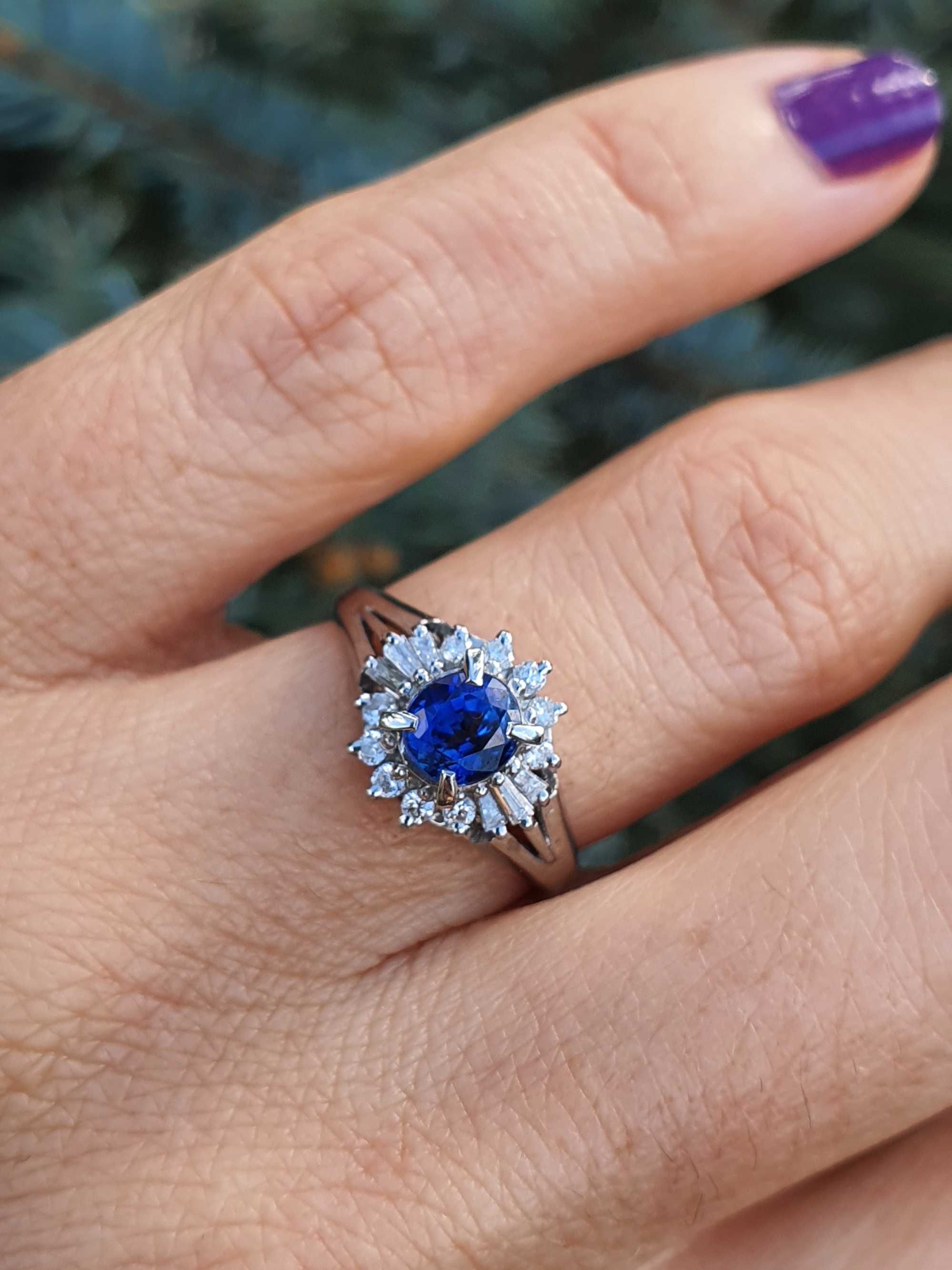 Inel Platina cu Safir Albastru si Diamante Naturale