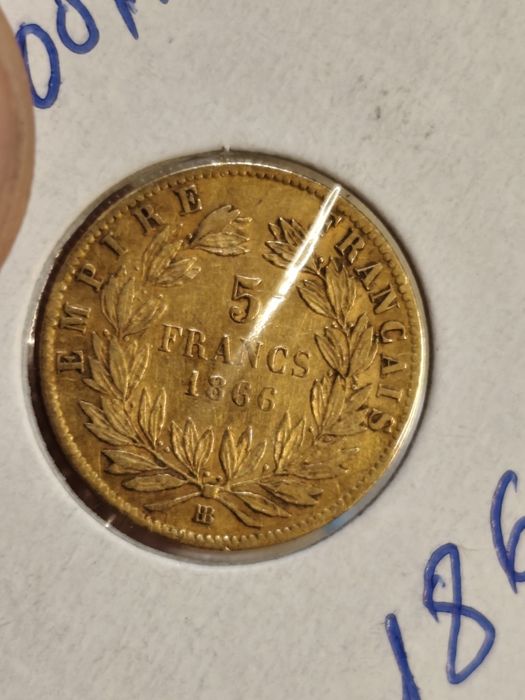 Златна монета 5 франка 1866 год, имп.Наполеон III ,1.61 гр,900/1000