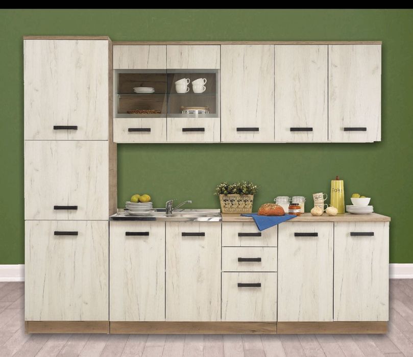 Bucatarie finisaj stejar gri / stejar alb, 260 cm (200 blat+60 soldat)