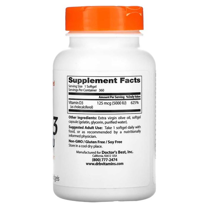 Doctor's Best, vitamin d3 5000 МЕ, 360 капсул.  витамин д3 5000