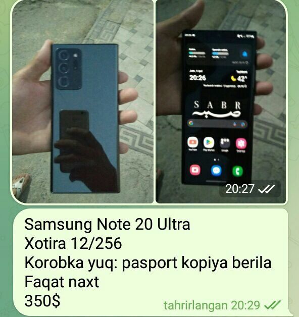 Samsung not 20 ultra 5g sotiladi