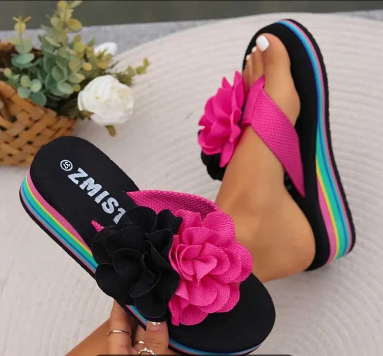 Papuci vara plaja cu floare roz