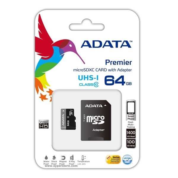 ФЛАШ КАРТА MicroSD  64 GB "A-DATA" + SD адаптер клас 10 Secure Digital