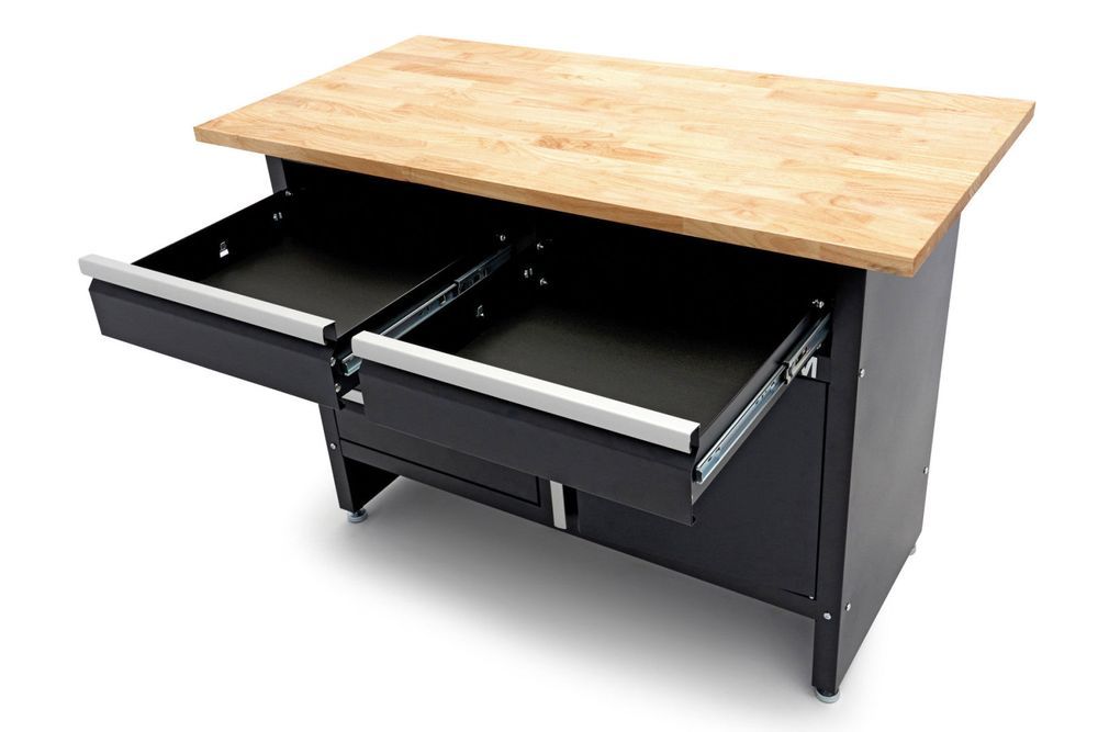 Banc de lucru metalic 120 cm cu 5 sertare 1 usa si blat din lemn masiv