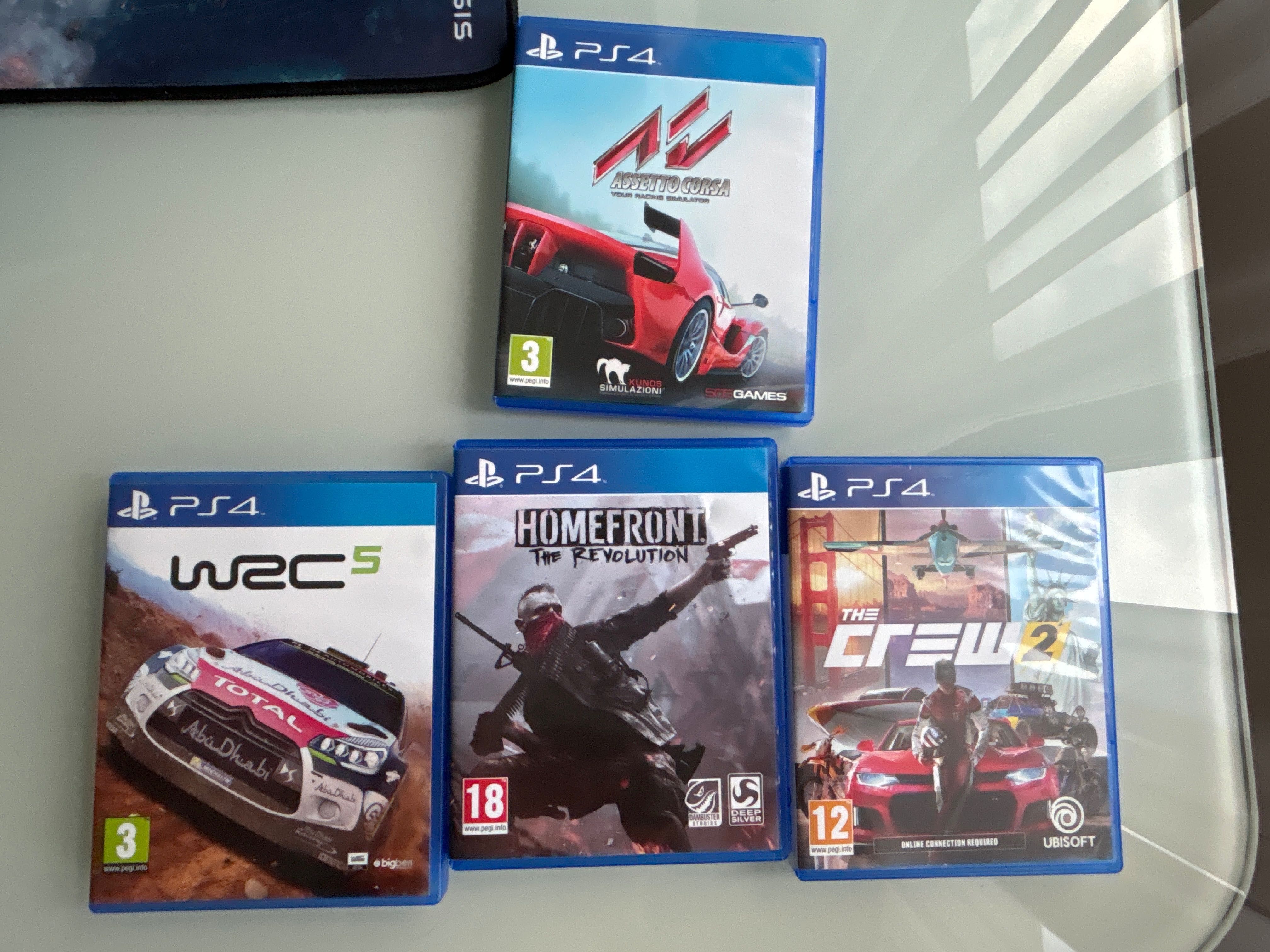 Vând 4 jocuri pentru PS4(HOMEFRONT, THE CREW 2, WRC5, ASSETO CORSA)