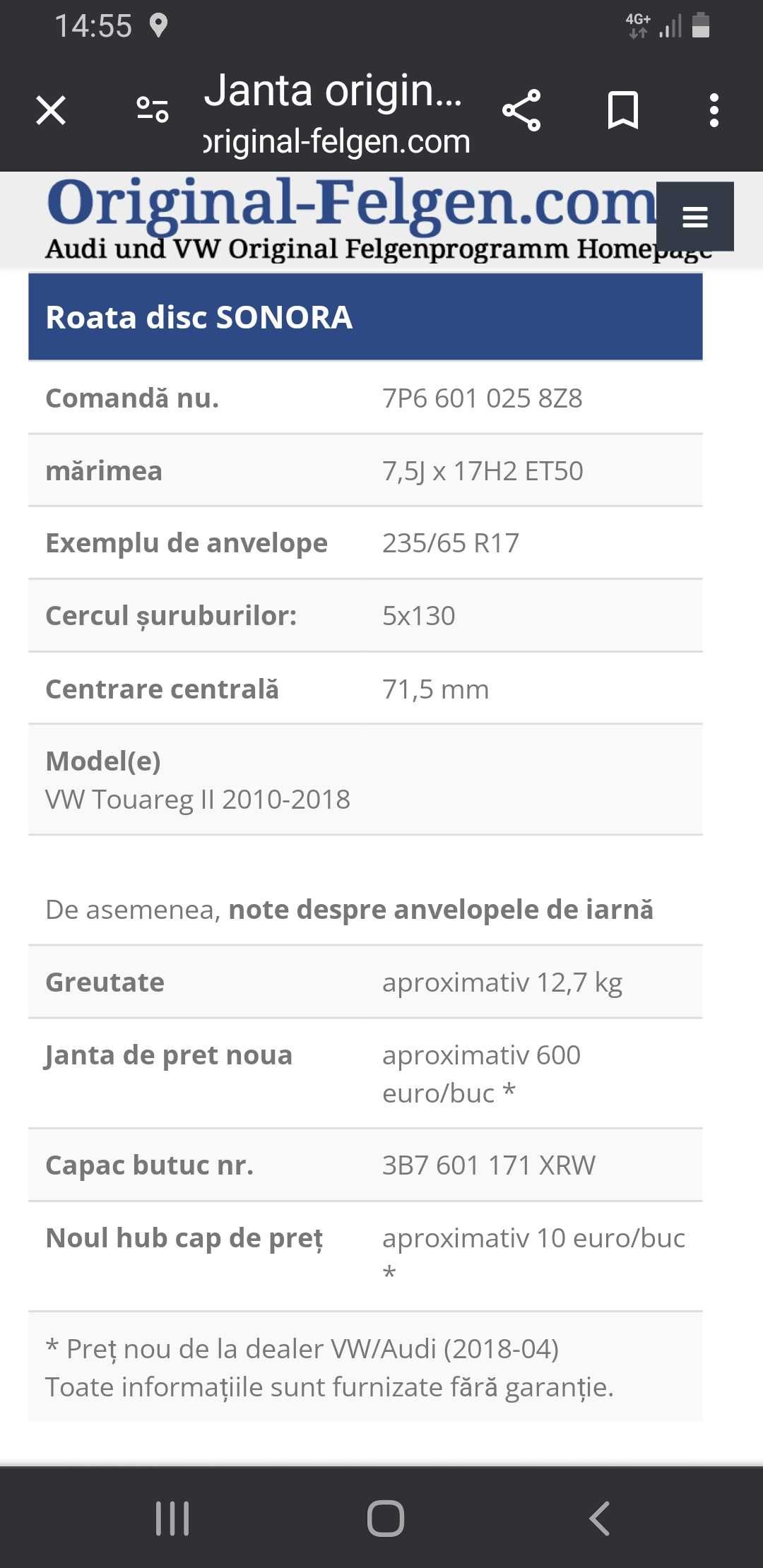 Jante oem vw tuareg 2009,pe 17(5×130)