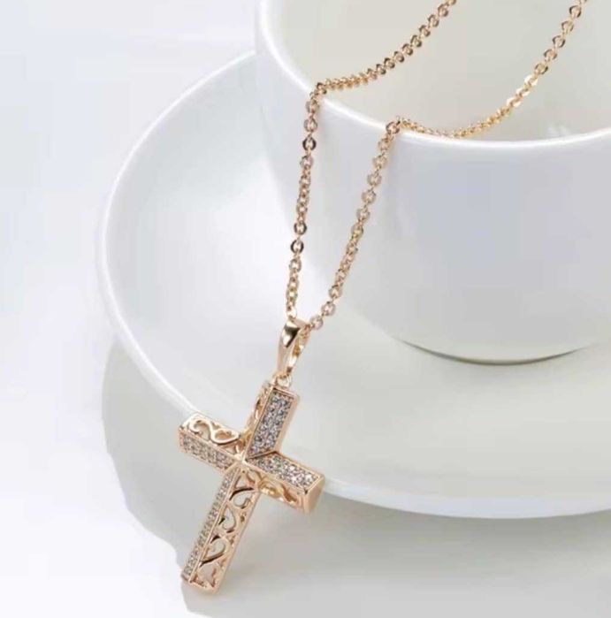 GPP6, set placat aur 14k, nou/marcat, lant+cruce zirconiu alb,superb