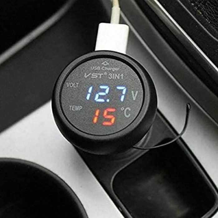 Волтметър с термометър и USB зарядно 3 в 1, 12-24V
