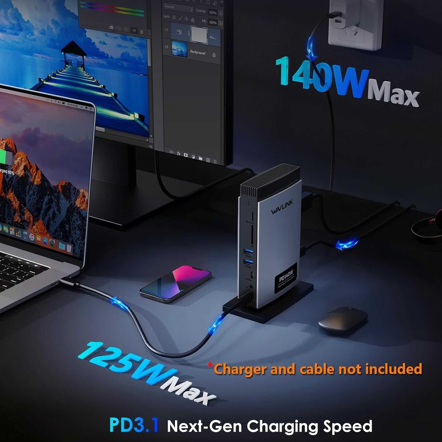 WAVLINK USB C докинг станция 125 W зареждане, 11-в-1 с 8K HDMI*2+8K DP
