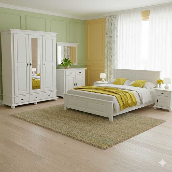 Set mobila dormitor Seby 3, lemn masiv, alb, clasic