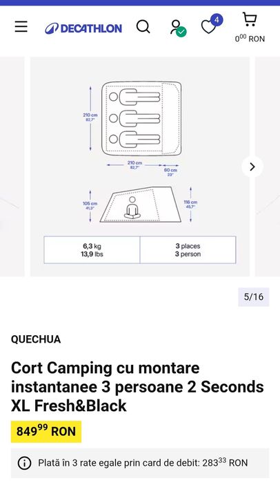 Cort Camping  3 persoane / 2 Seconds XL Fresh&Black + 3 saci de dormit