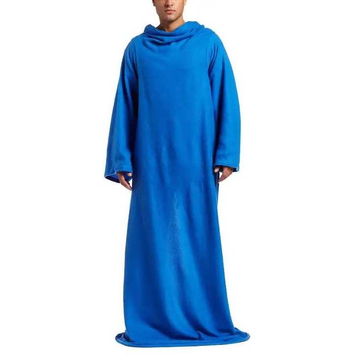 Patura cu maneci tip hanorac moale si calduroasa albastru 180 x 138 cm