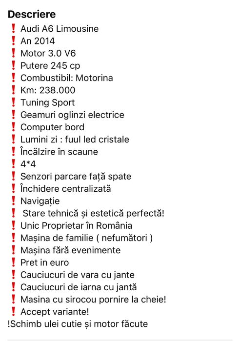 Vand Audi A6 , impecabil , masina de familie , revizie la zi .