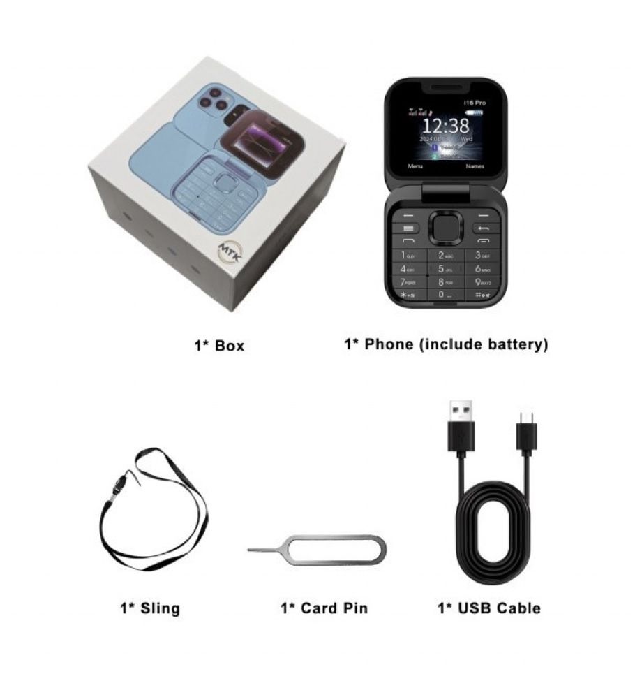 Сгъваем мобилен телефон i16 Pro – 2 SIM, камера, фенерче, FM радио