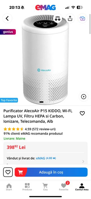 Purificator AlecoAir P15 KIDDO, Wi-Fi, Lampa UV, Filtru HEPA si Carbon