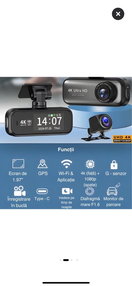 Camera auto dubla 4K + 1080p HD, Premium, unghi de filmare 170 + 140
