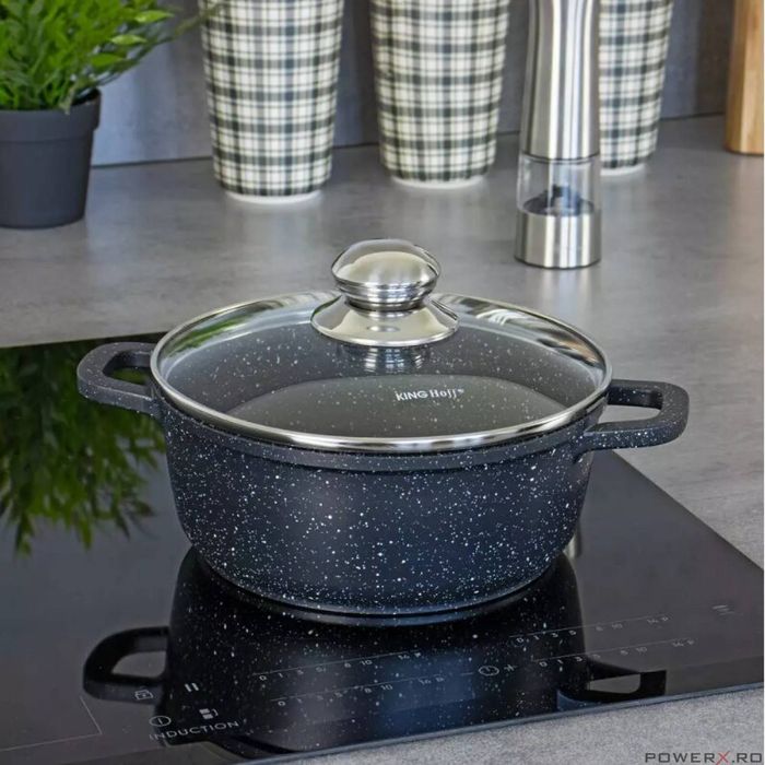 Cratita din aluminiu turnat, cu strat marmorat, cu capac din sticla,