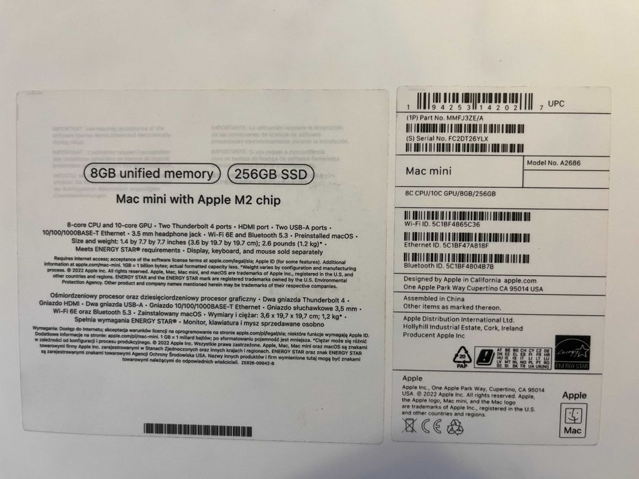 Apple Mac Mini M2 2023, 8 Core CPU, 10 Core GPU, 8GB RAM, 256GB SSD