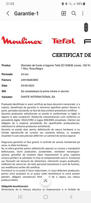 Storcator fructe si legume prin presare la rece Tefal