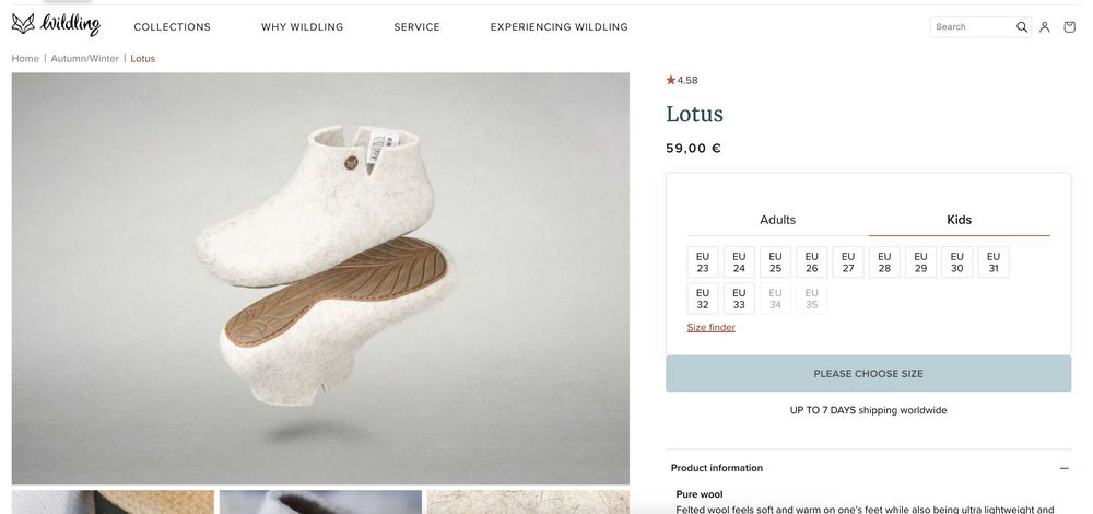 Боси 100% вълнени пантофи Wildling Lotus 25 номер