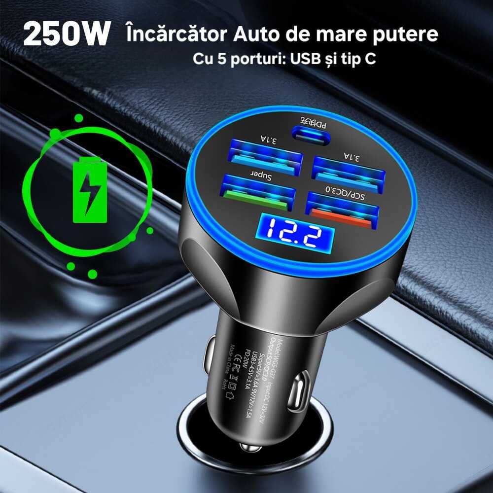 Priză încărcător auto 250W. 4usbA, 1usbC. Display LED. Universal.